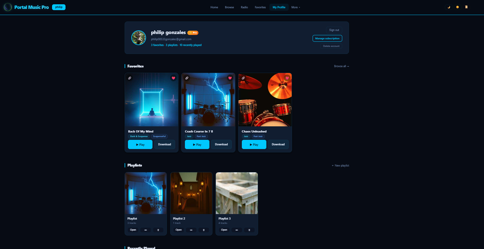 Profile page with favorites and playlists